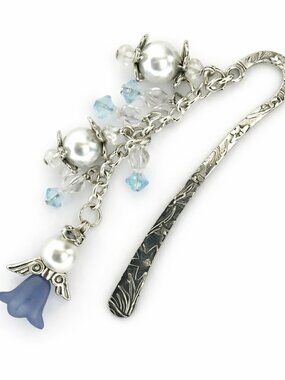 Handmade Floral Metal Bookmark w/ Blue Flower Angel & Faux Pearls